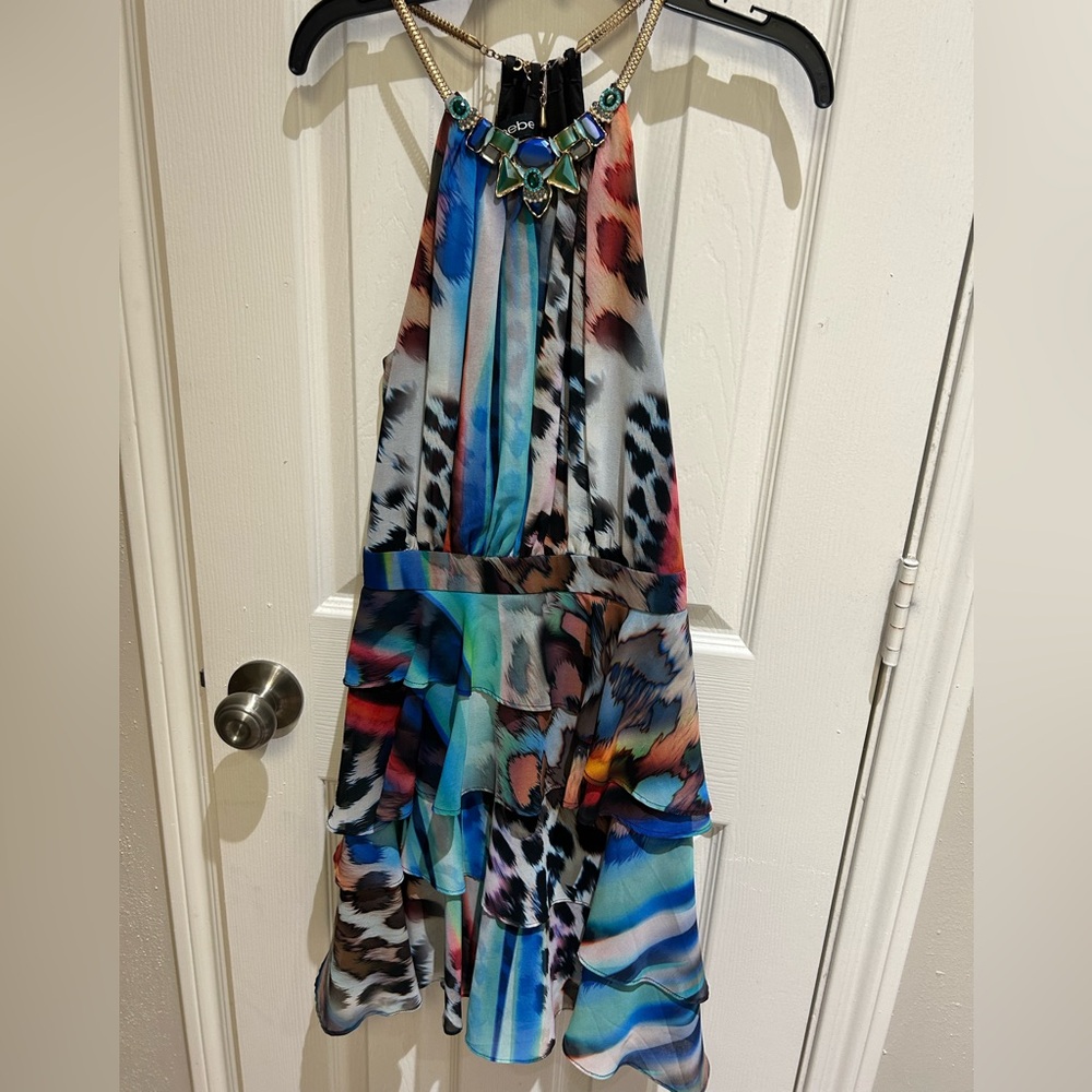 Colorful BEBE Dress with Gold and Beaded detail